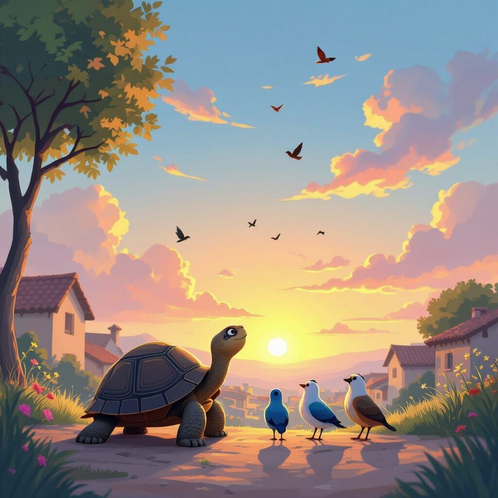 Peaceful Sunrise: Tortoise and Birds in a Village