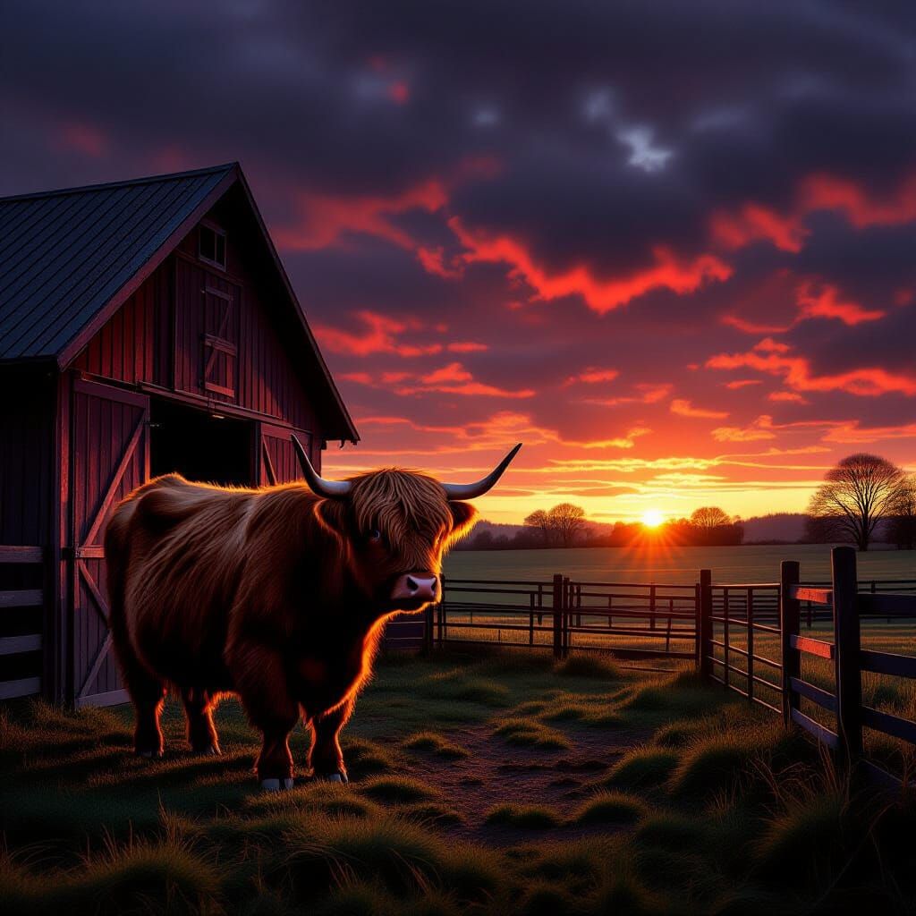 Highland Cow in Barnyard at Overcast Sunrise