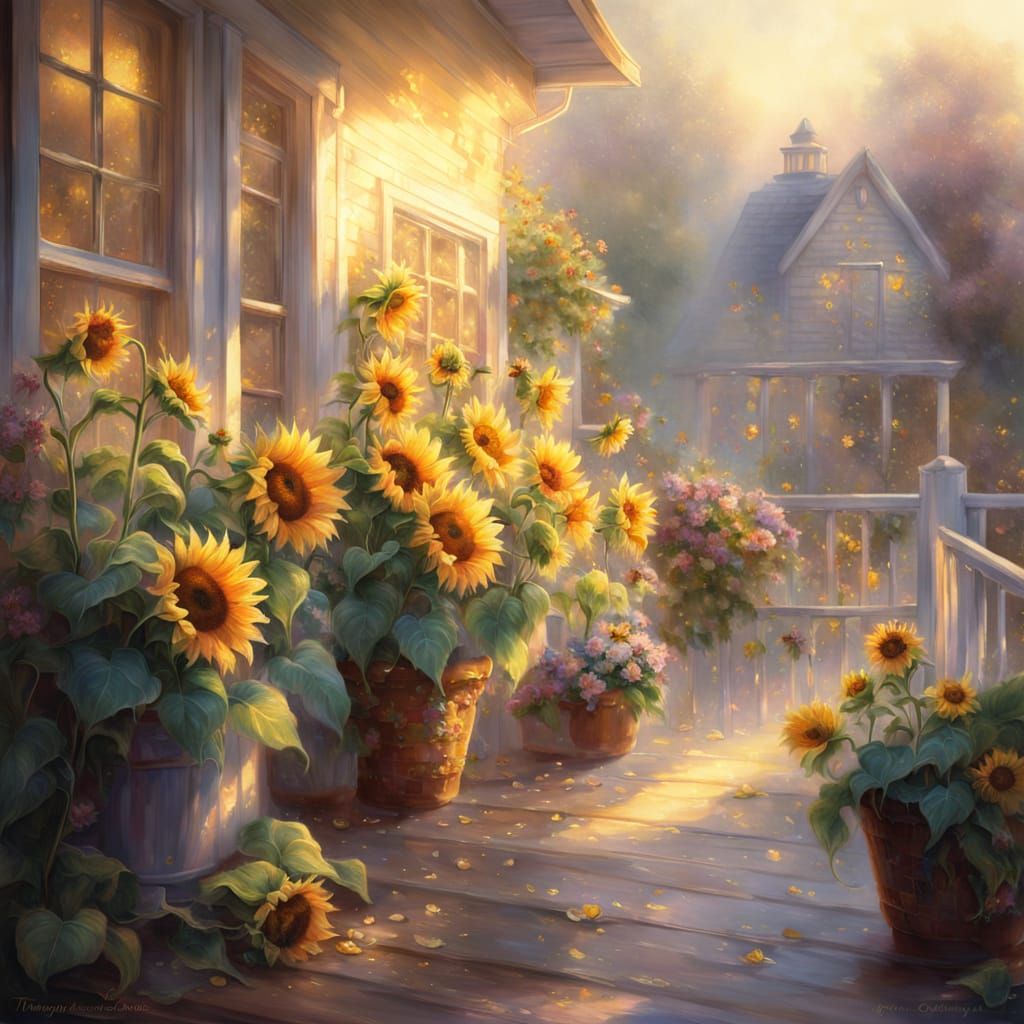 Sunflowers on the Porch in Ethereal Fantasy Style