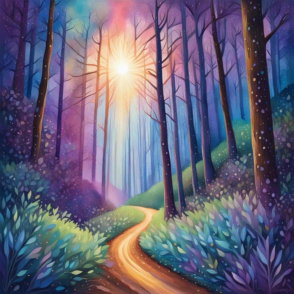 Cosmic Forest Road in Surreal Style
