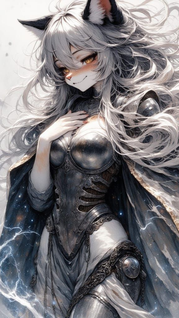 Cat Girl Knight Dances in Abstract Watercolor Style