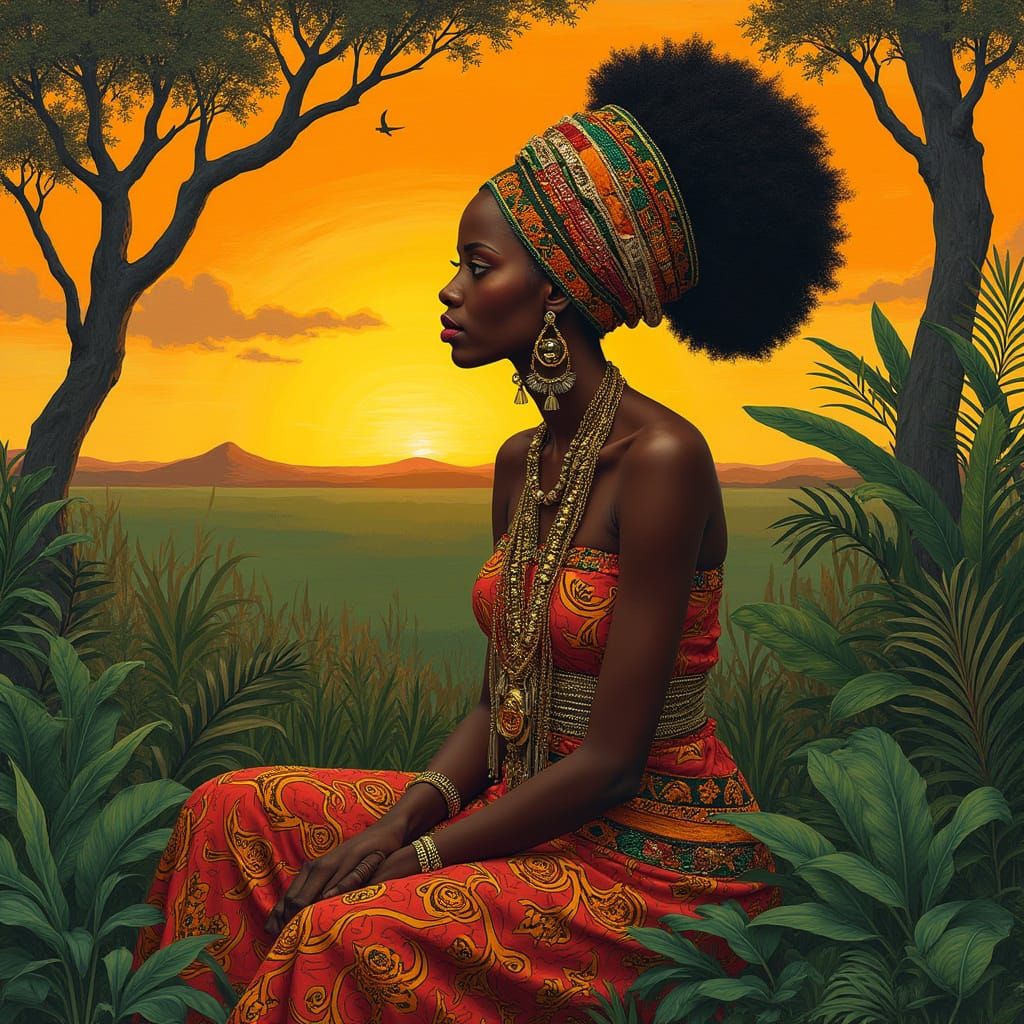 African Queen Amidst Vibrant Tribal Patterns and Golden Suns...