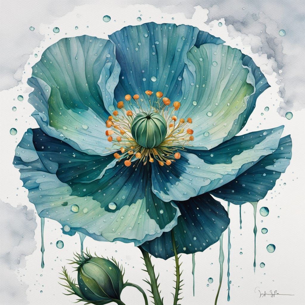 Blue Poppy Flower Under Full Moon Watercolor
