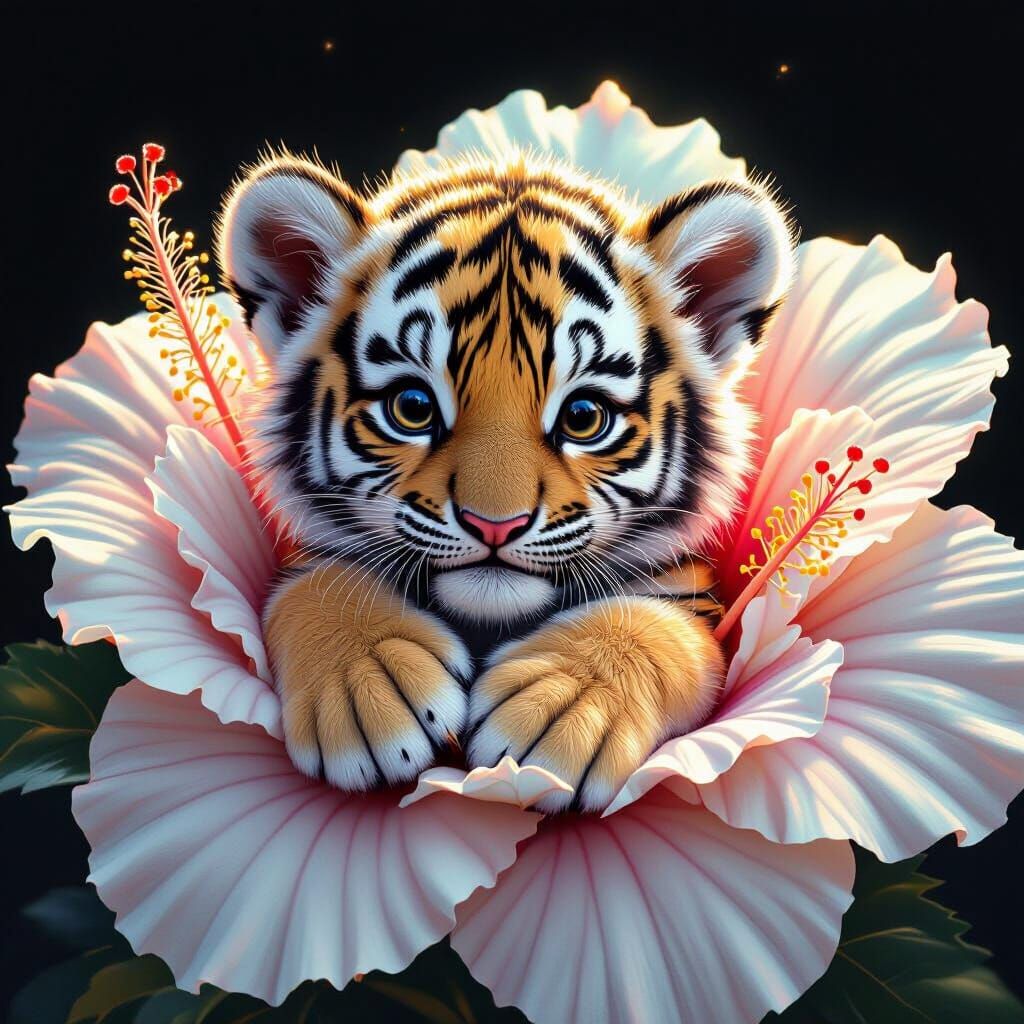 Bioluminescent Tiger Cub in Hibiscus Flower