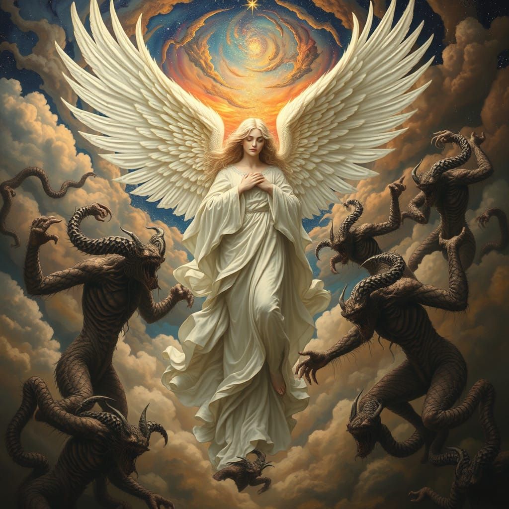 Angel Beset by Nightmarish Demons in Cosmic Vortex