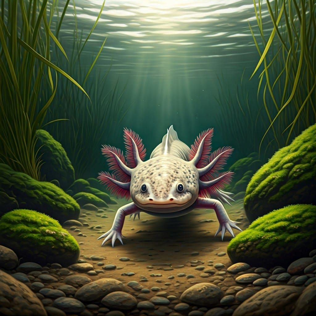 Axolotl in Muddy Swamp Waters, Algae Covered Rocks, Submerse...
