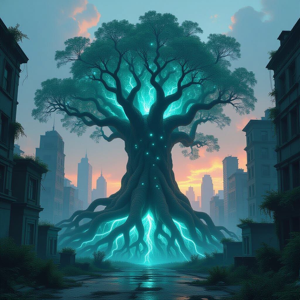 Ancient Bioluminescent Tree in Overgrown City