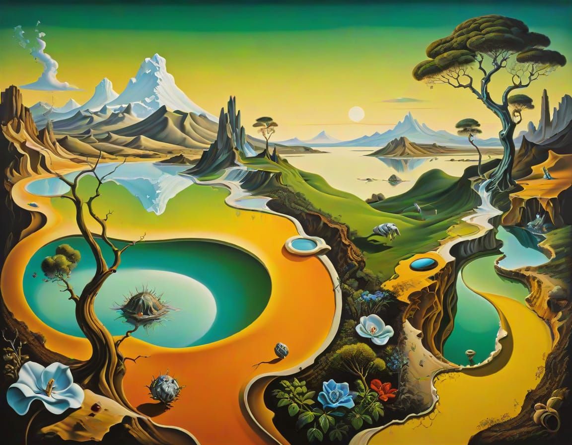 Vibrant Landscape with Wildlife in Surreal Style