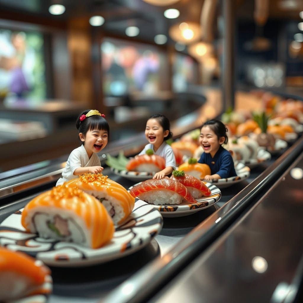 Hyperrealistic Sushi Carousel with Colorful Rolls