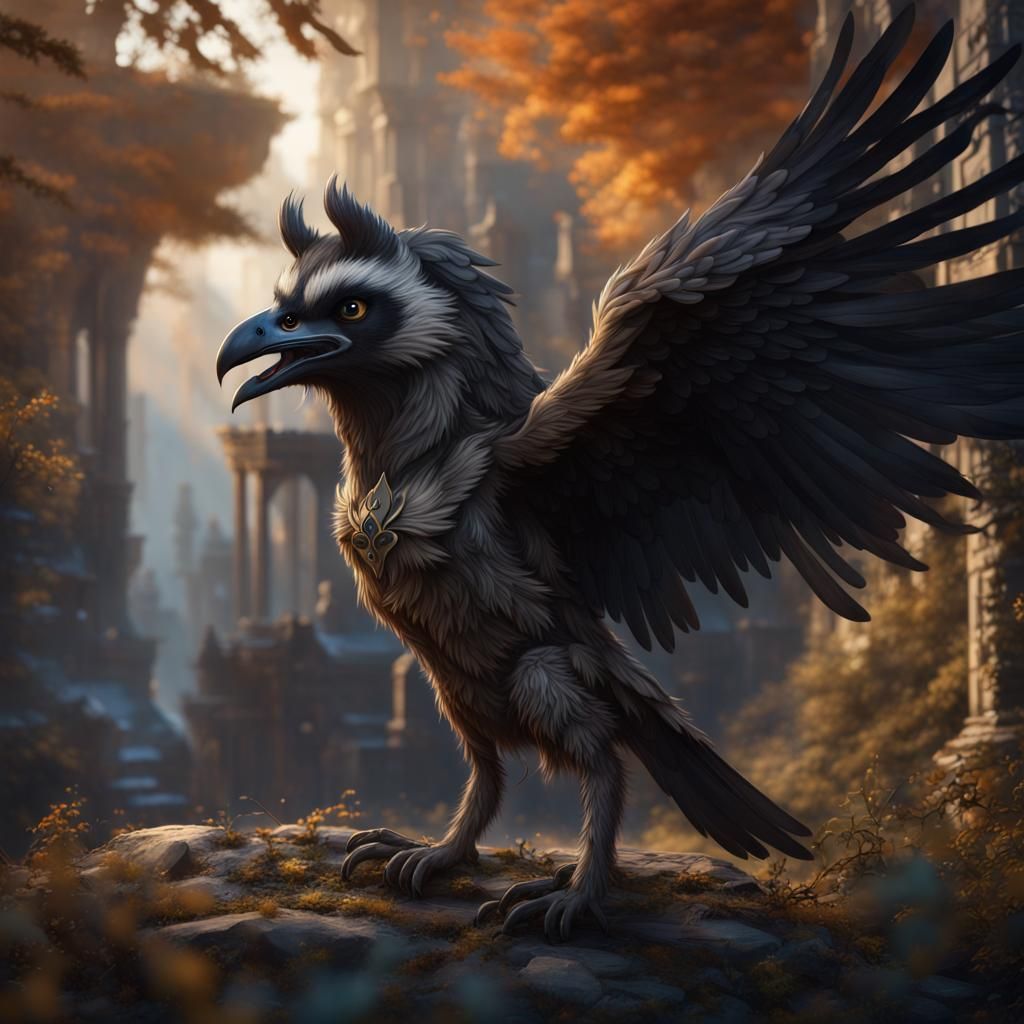 Raccoon Raven Griffin: Detailed Fantasy Concept Art