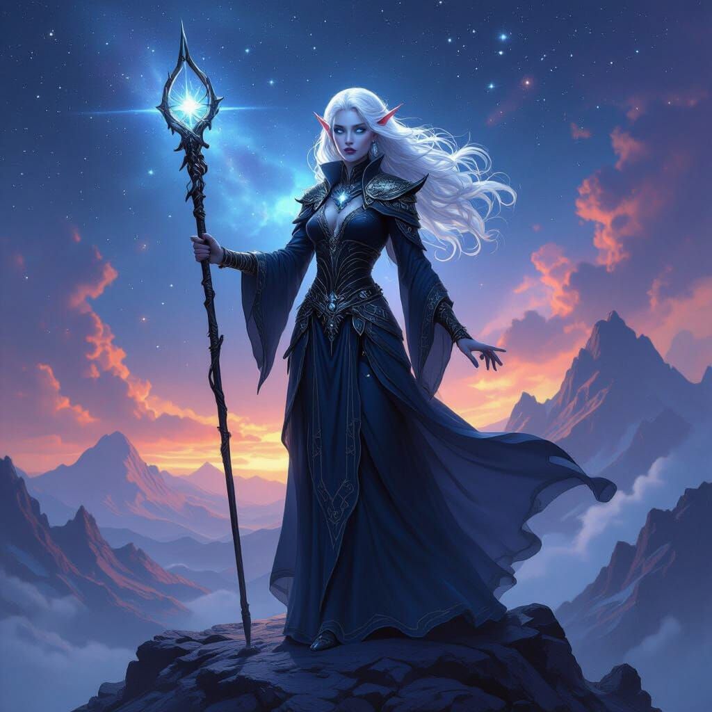 Astral Elf Druid with Silver Hair and Cosmic Mountain