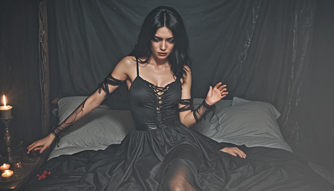 Bound Woman in Black Dress: Dark Fantasy Style