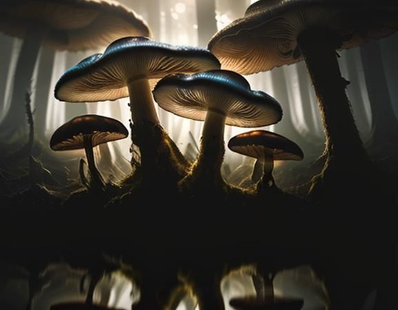 Misty Forest Landscape with Jellyfish and Toadstools