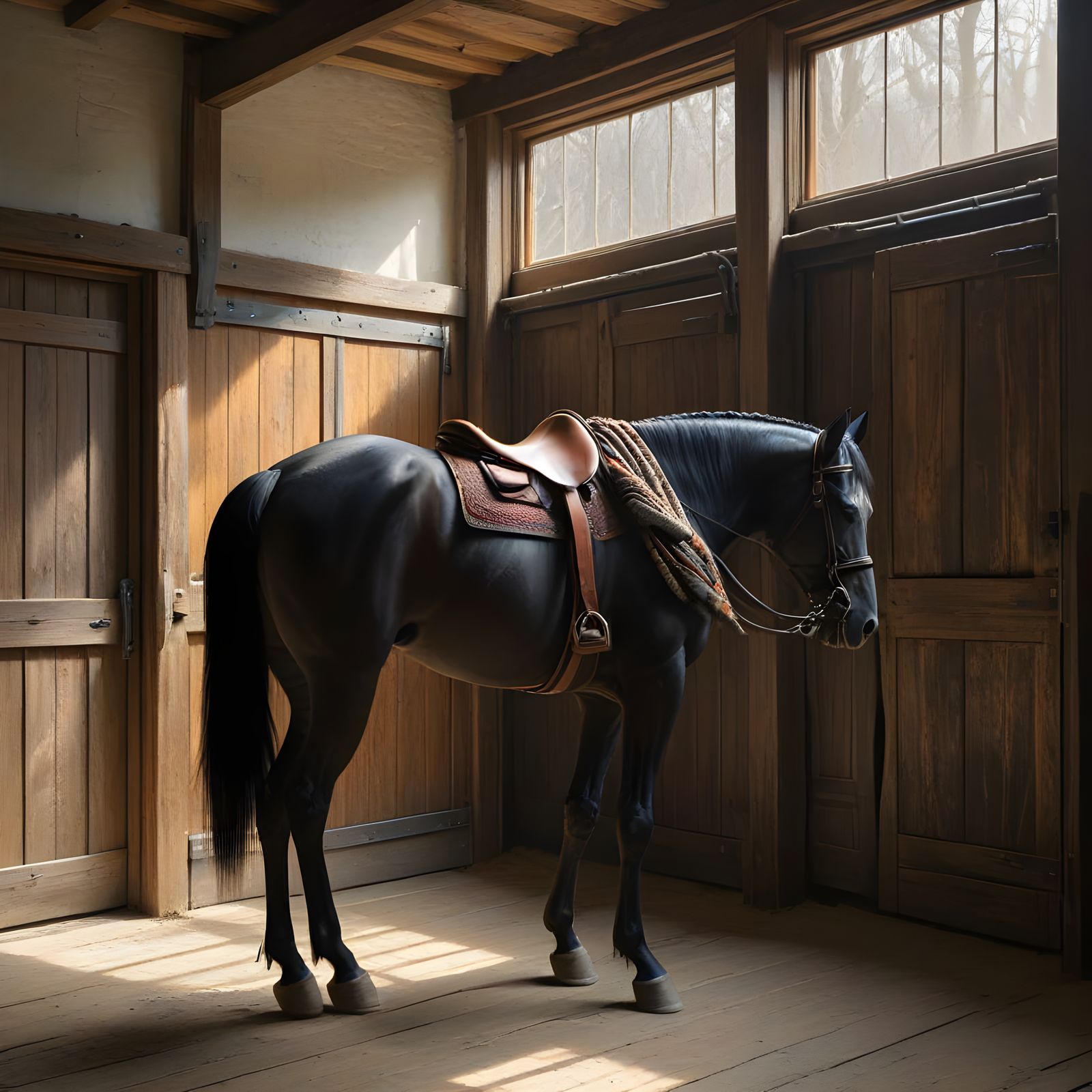 Elegant Horse Barn Interior with Rider and Steed
