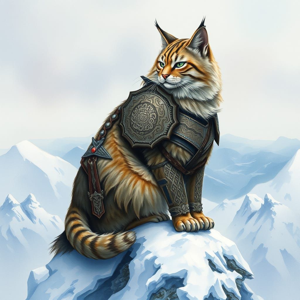 Armored Warrior Cat Overlooking Frozen Landscape