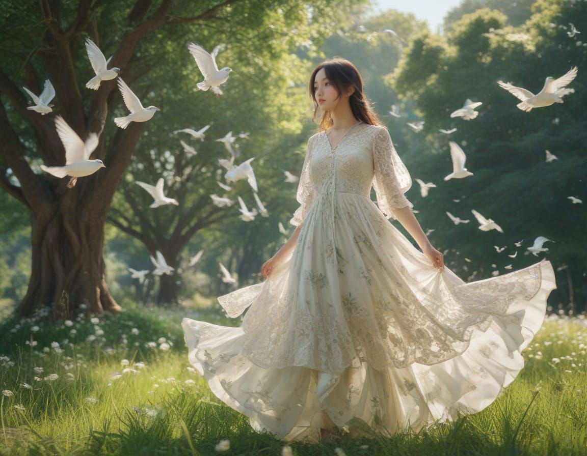 Girl Surrounded by a Flock of White Doves in Light Summer Br...
