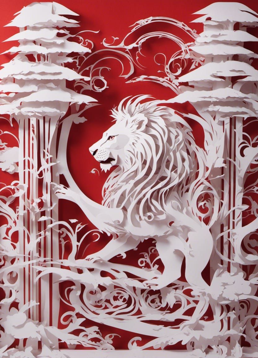 Paper Lion Sculpture in Hypnotic Style