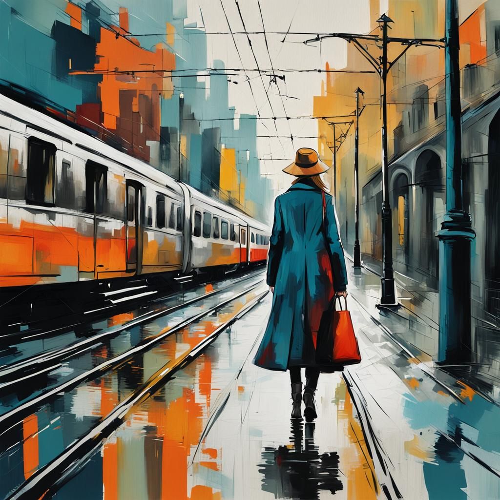Woman Walking in City, Abstract Painting Style