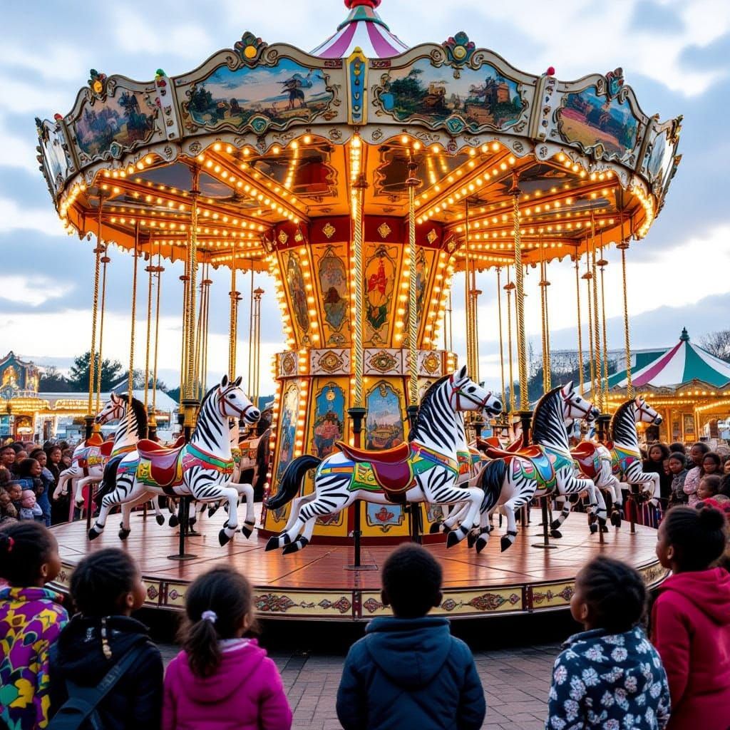 African Carousel with Hand-Painted Zebras and Children
