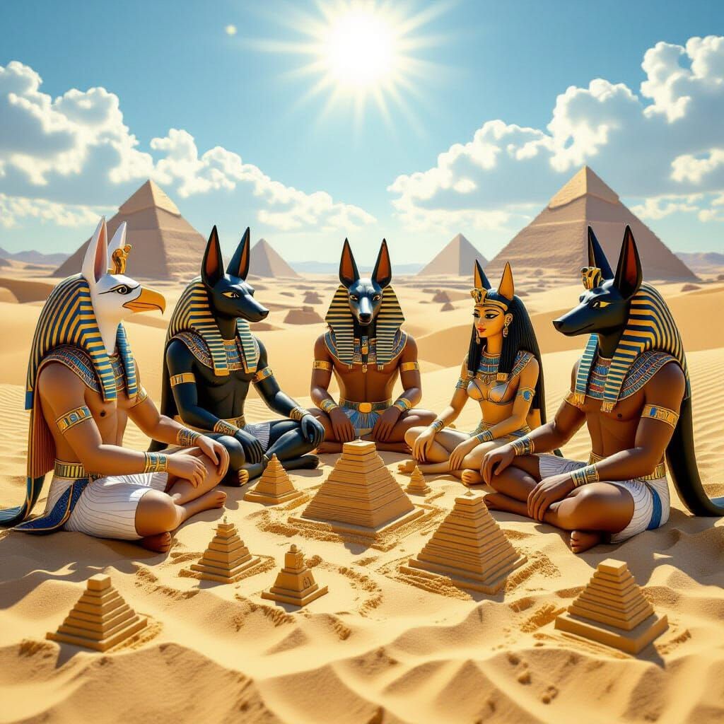 Egyptian Gods Playfully Build Sand Pyramids