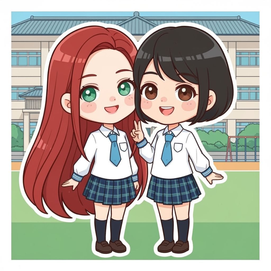 Cute Chibi Japanese and Thai Schoolgirls Posing Together