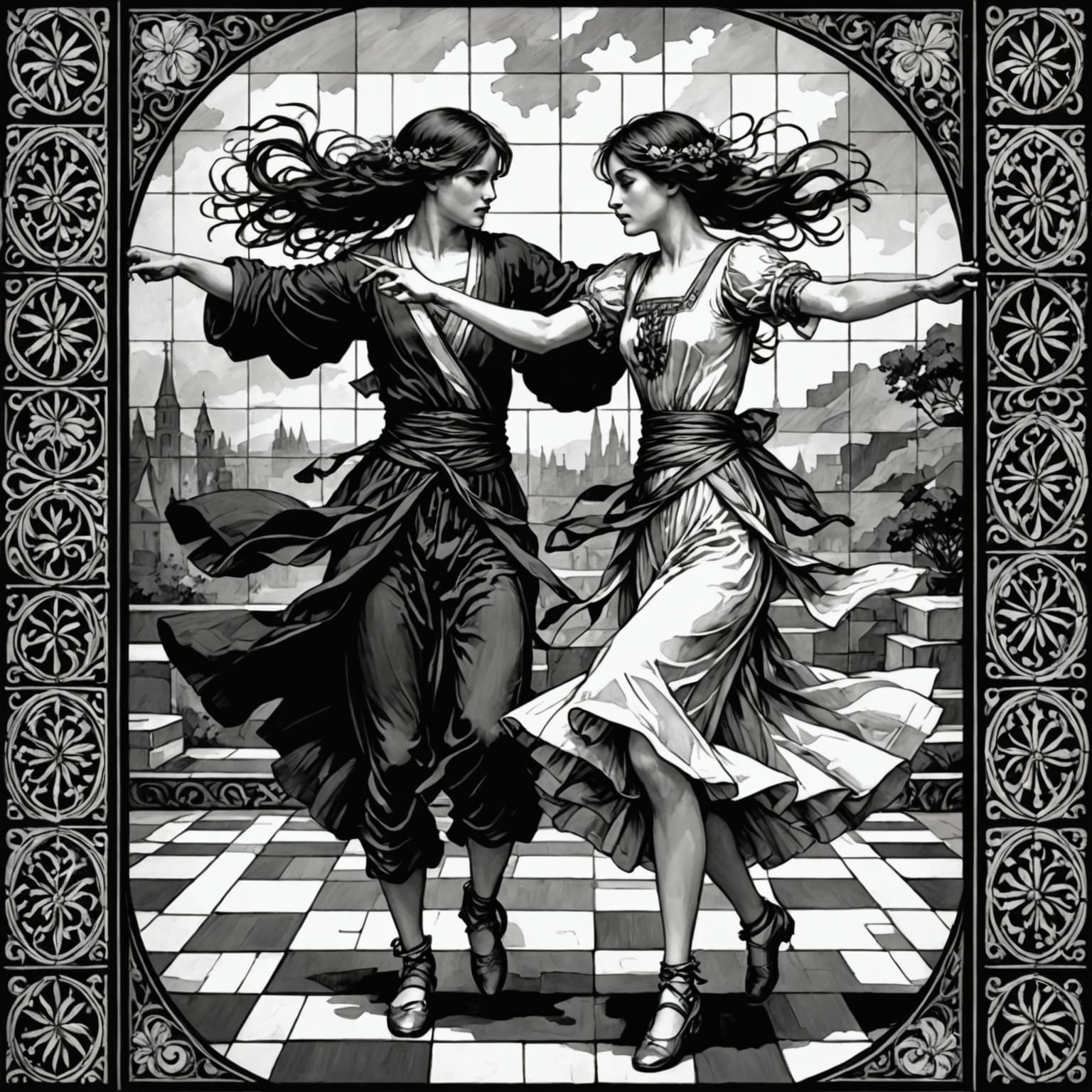 Dancers in a Whimsical Black-and-White Setting