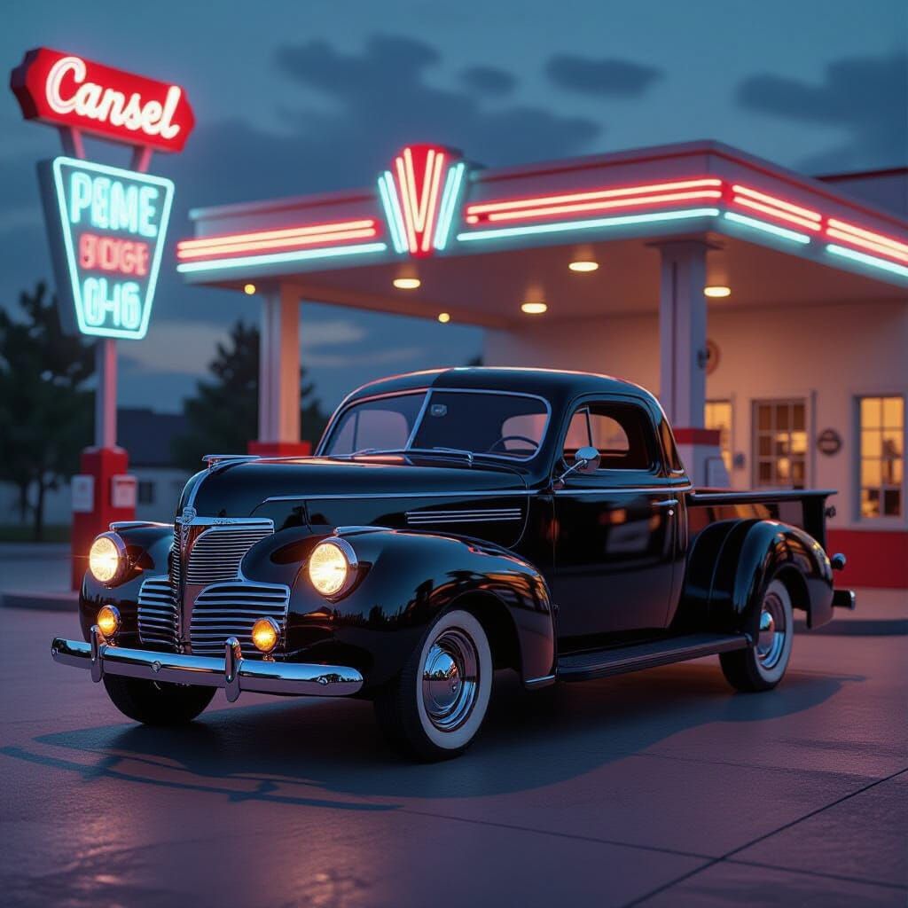 1940 Dodge Coupe Truck Hybrid at Art Deco Gas Station
