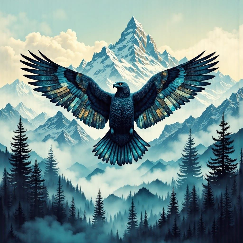 Surreal Hawk Silhouette Amidst Majestic Mountain Landscape i...