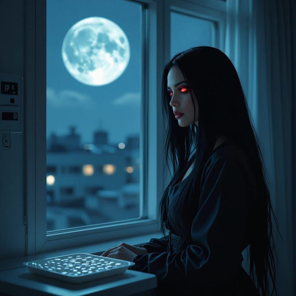 Cyberpunk Woman Gazing at Moon in Grimdark Style
