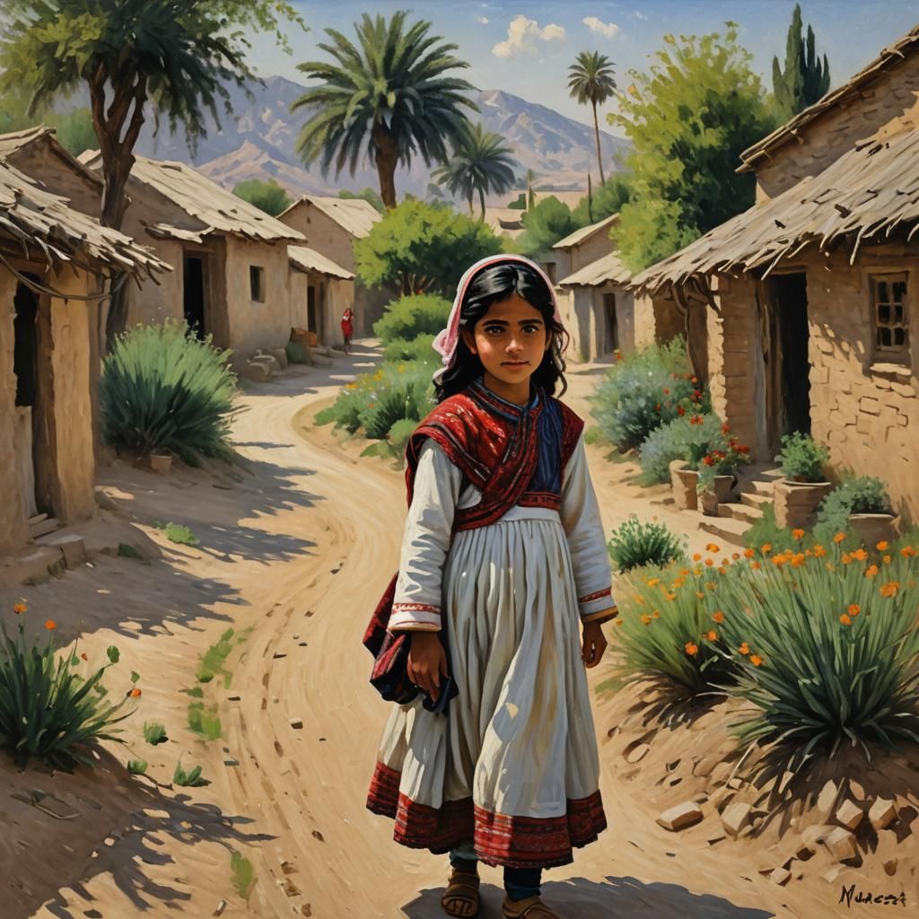 Girl in Pakistani village, oil paint by Monet