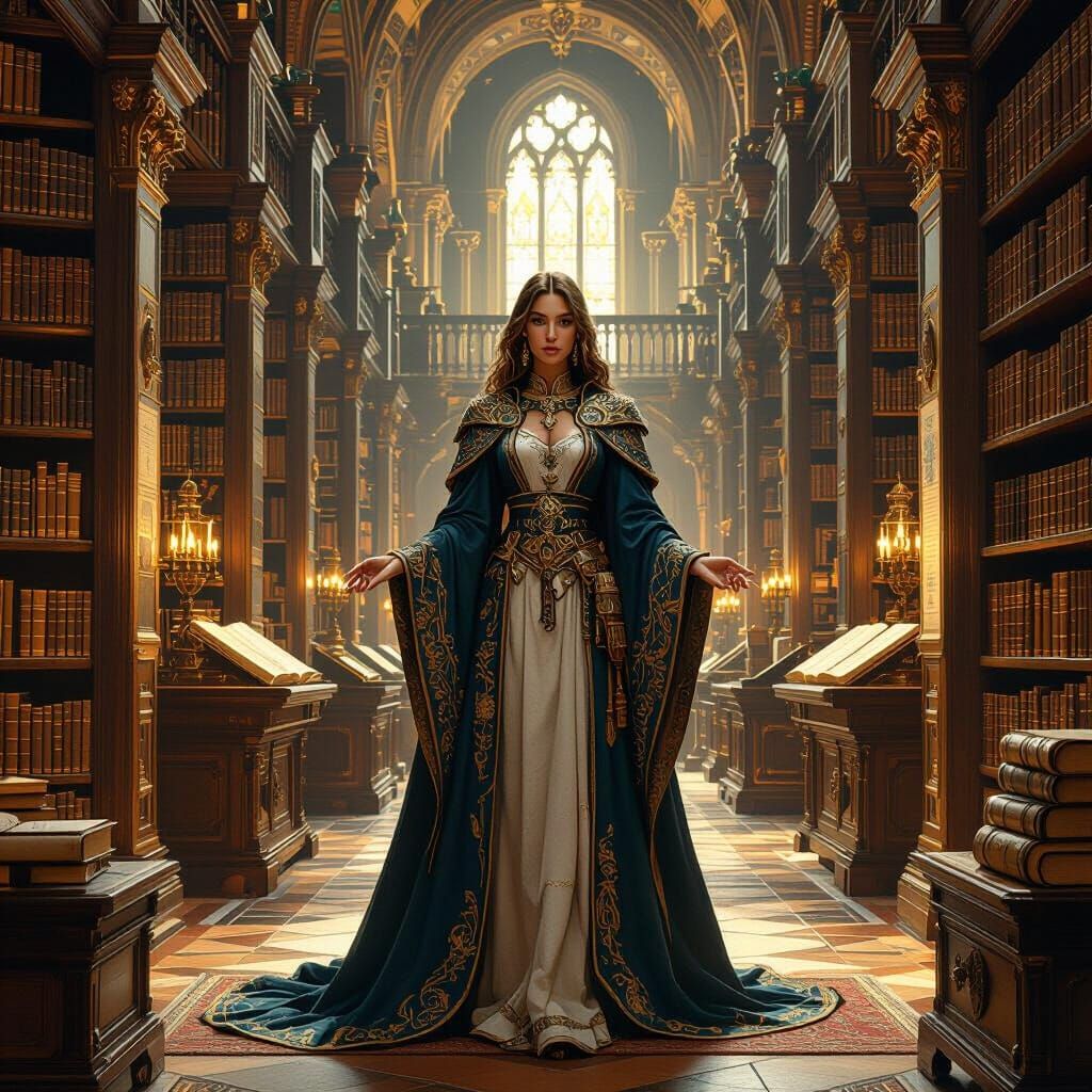 Majestic Woman in Grand Medieval Library