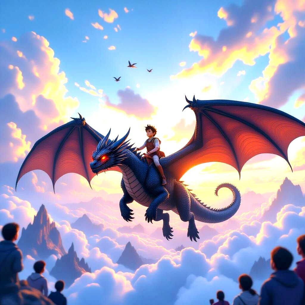 Boy Rides Dragon Over Crowded Sky