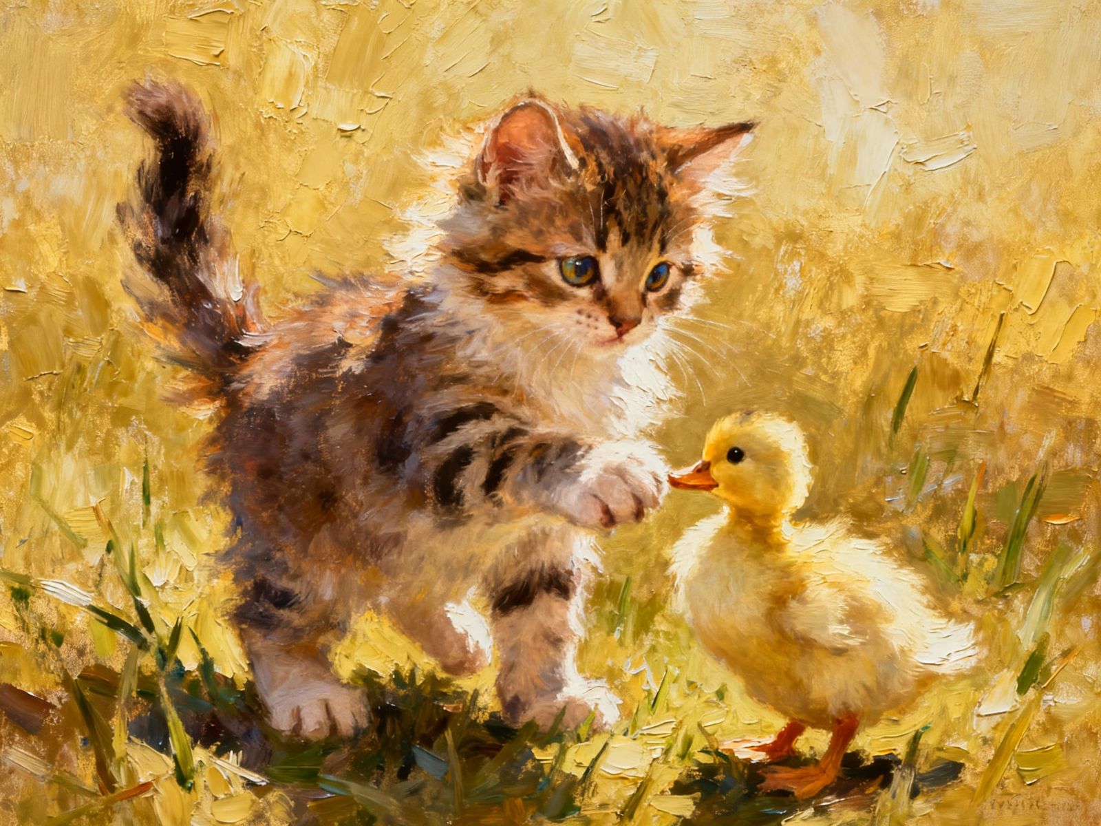 Impasto Painting of Kitten Playing with Duckling