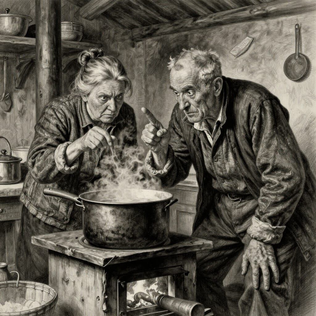 Elderly Couple Cooking in Cozy Kitchen, Charcoal Drawing Sty...