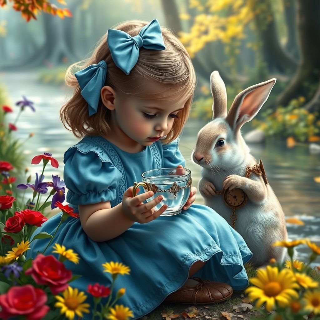 Alice in Wonderland by River in Hyperrealistic Style