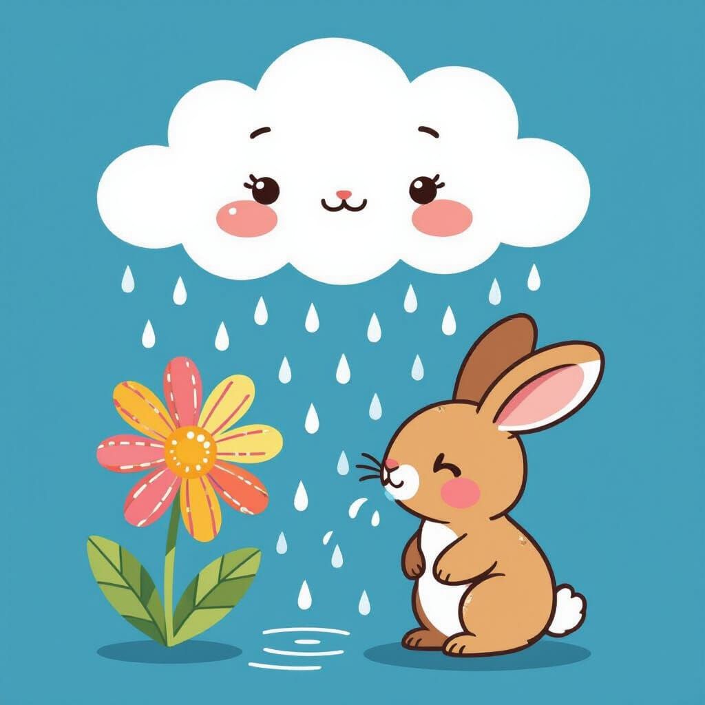 Sad Cloud Waters Happy Flower in Vector Art