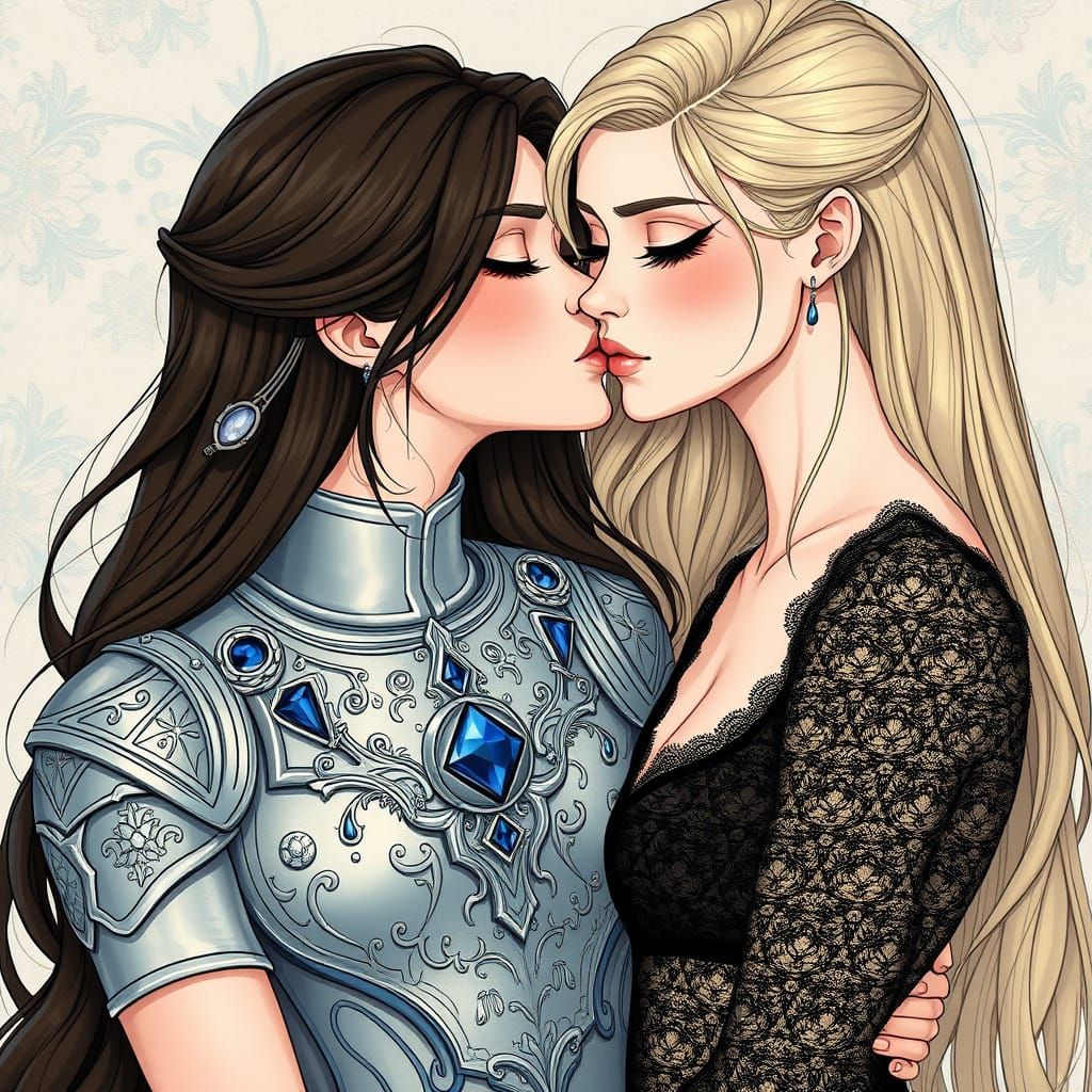 Ethereal Kiss in Art Nouveau Manga Style