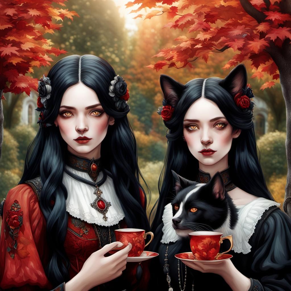 Gothic Art Nouveau Goddesses in Autumn Garden
