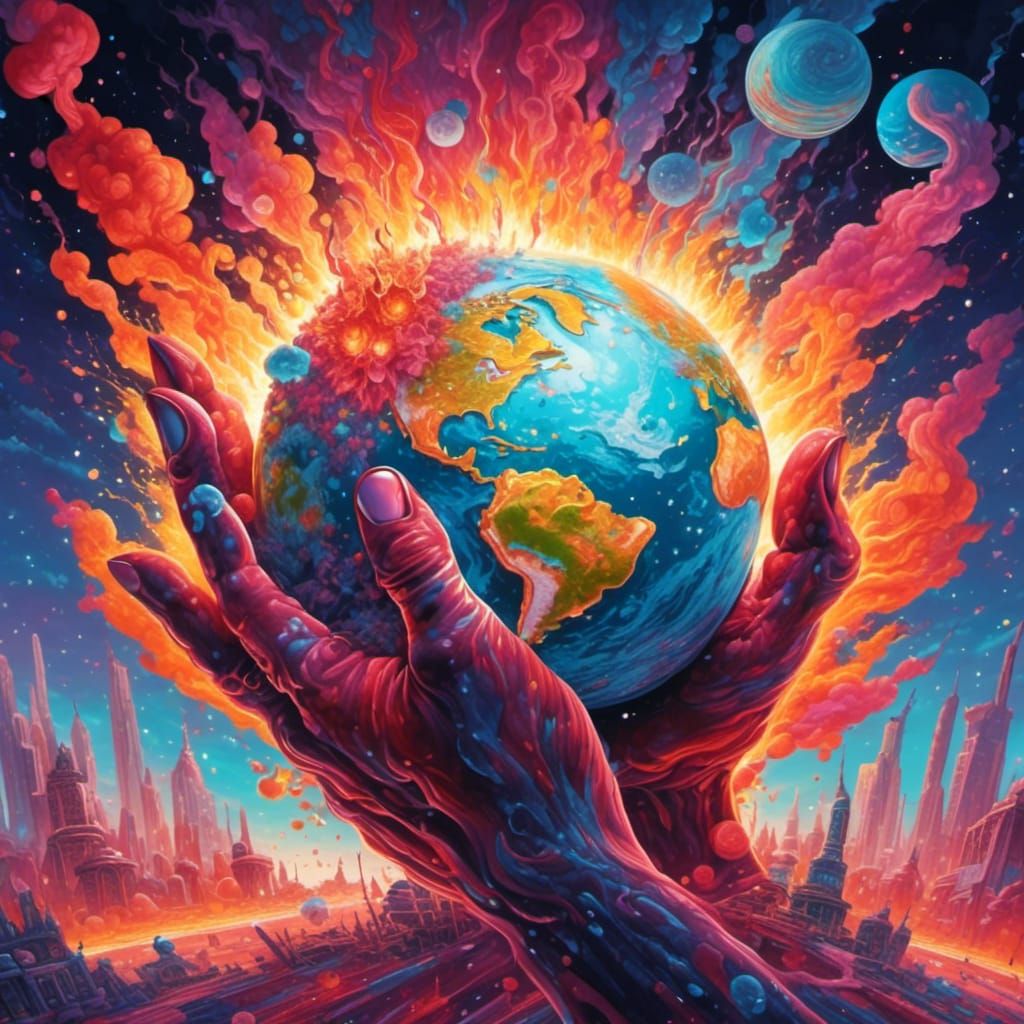 God's Hand Heals Burning Earth in Graffiti Art
