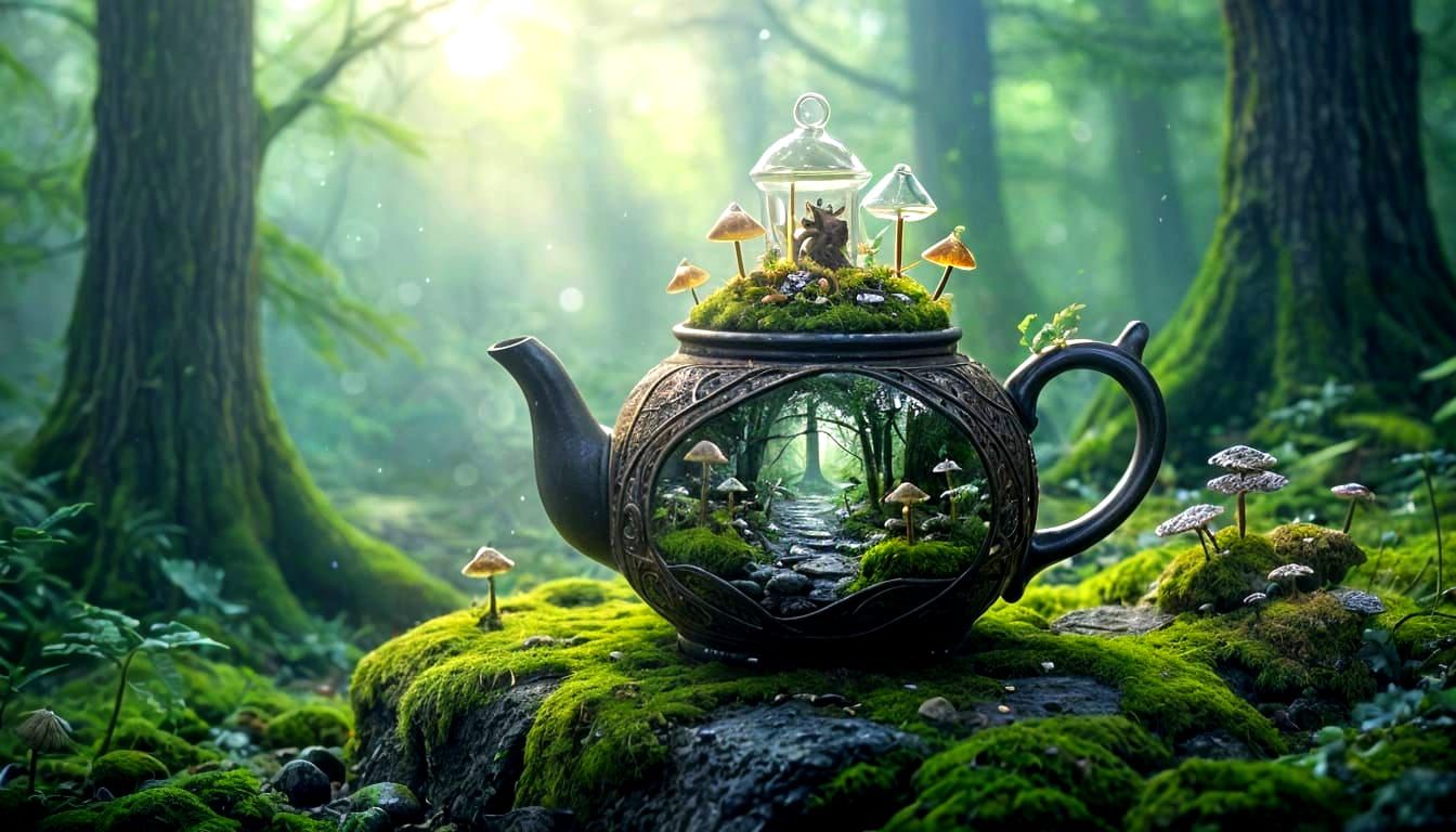 Enchanted Forest Teapot on Mossy Stone
