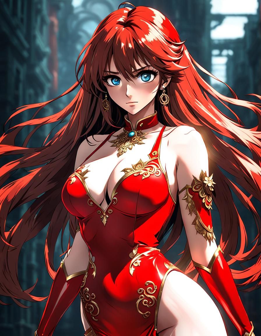 Dan Munfird, 1985’ anime video game, pretty lady in red, simple background, nice chest, perfect curvy body, detailed ani...