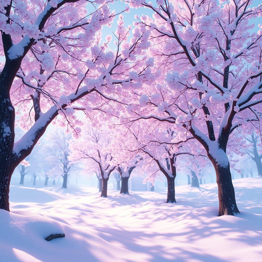 Sakura Trees in Winter Wonderland