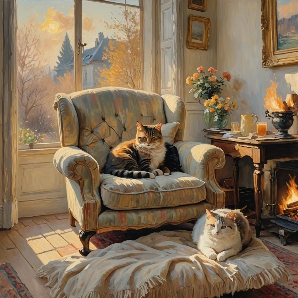 Sleeping Cat by Log Fire in Divine Sunshine