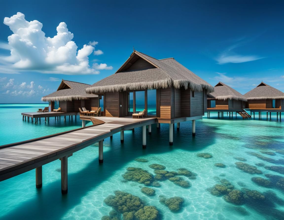 detailed over water bungalow in the Maldives, ocean, weaves, blue sky, clear water,  Epic cinematic brilliant stunning i...
