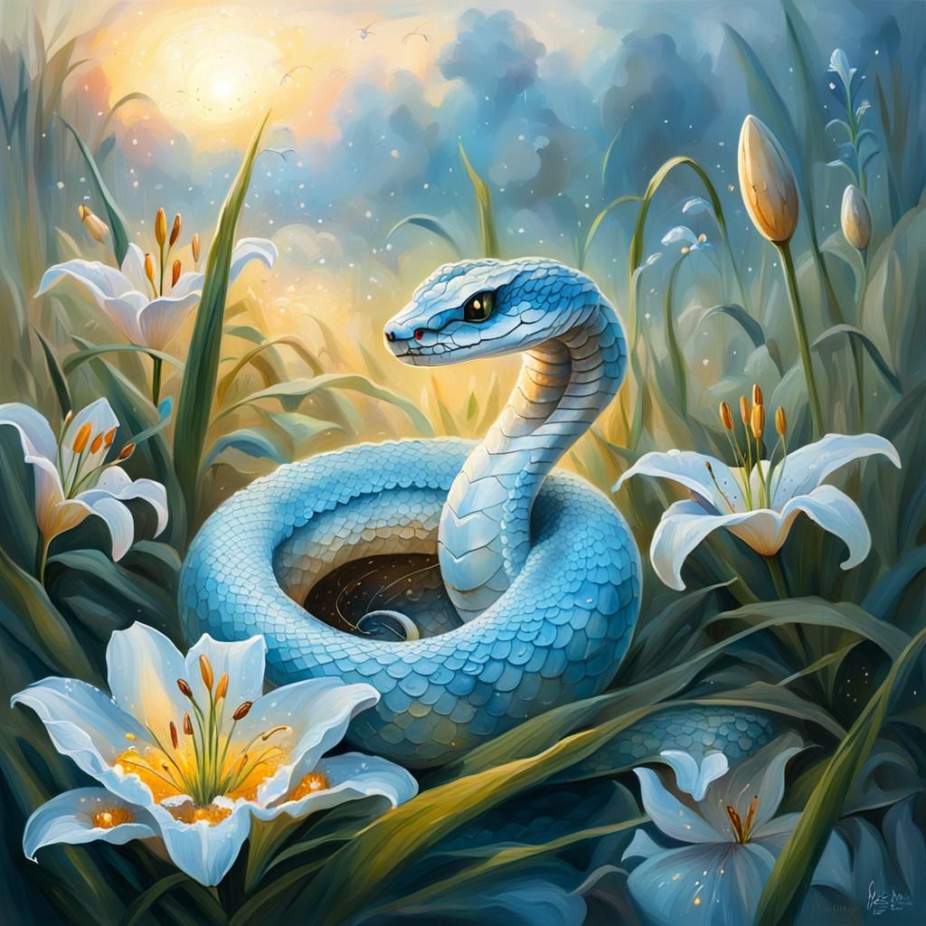 Pastel Cobra Hatching in Dewy Lily Pad Scene