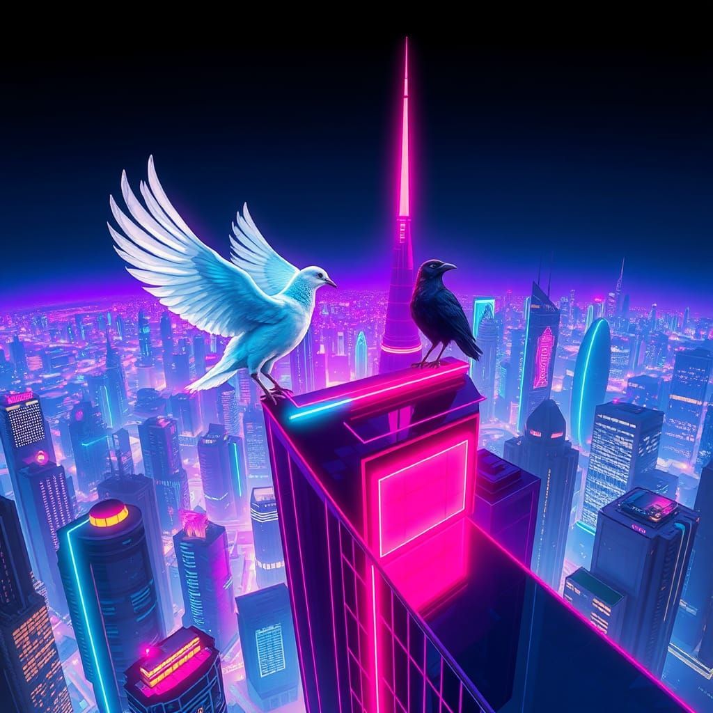 Dove and Crow on Cyberpunk Skyscraper