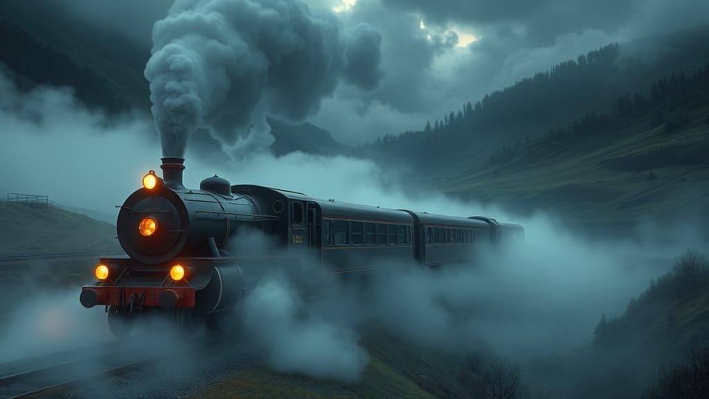 Vintage Train in Misty Valley: Cinematic Matte Painting