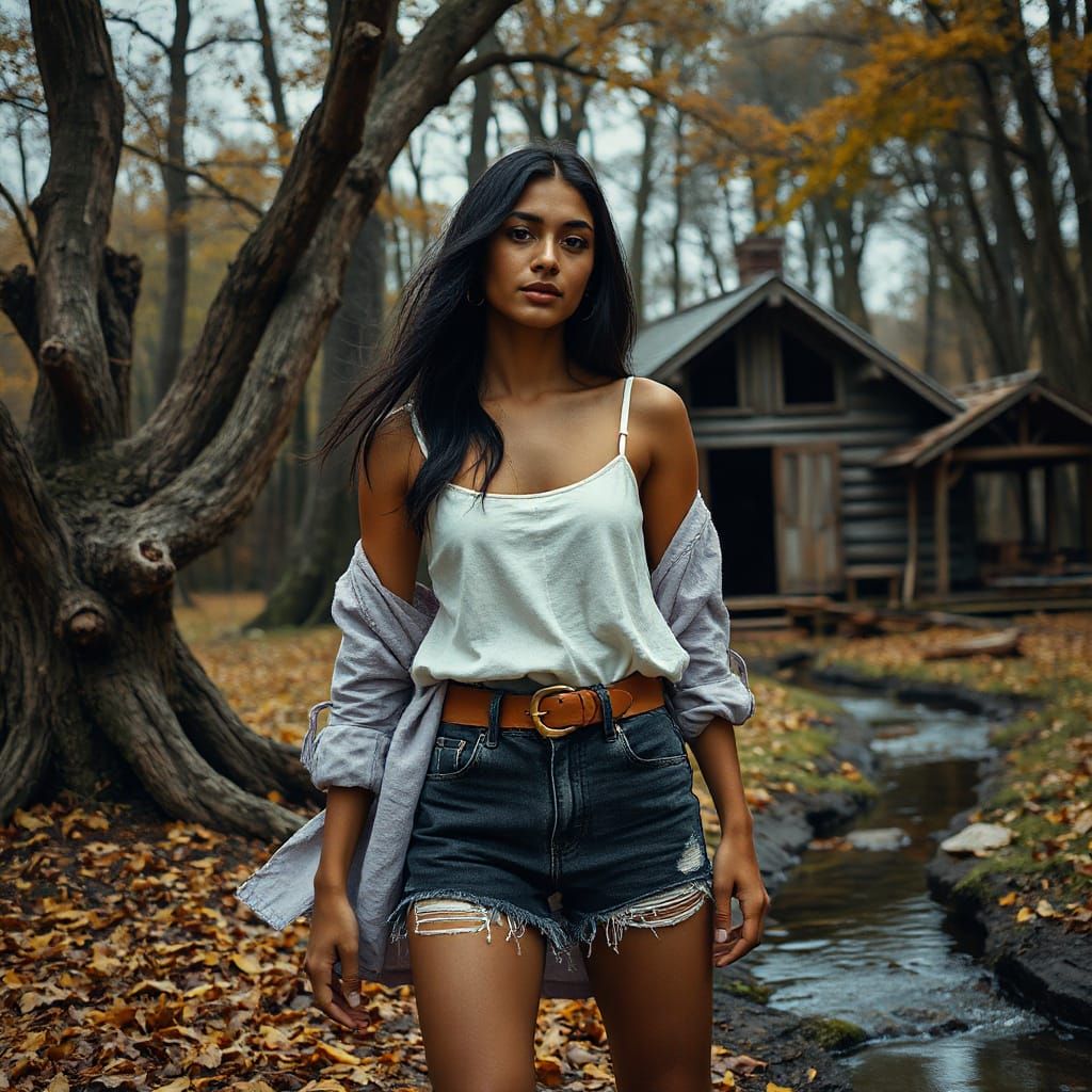 Mizoram Woman in Autumn Forest, Photo-Realistic Style