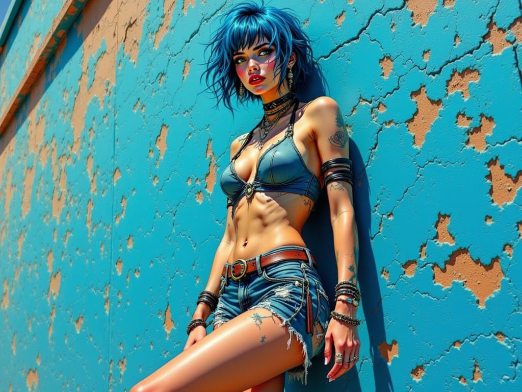 Hyper-Realistic Painting of Blue-Haired Rebel in a Vibrant, ...