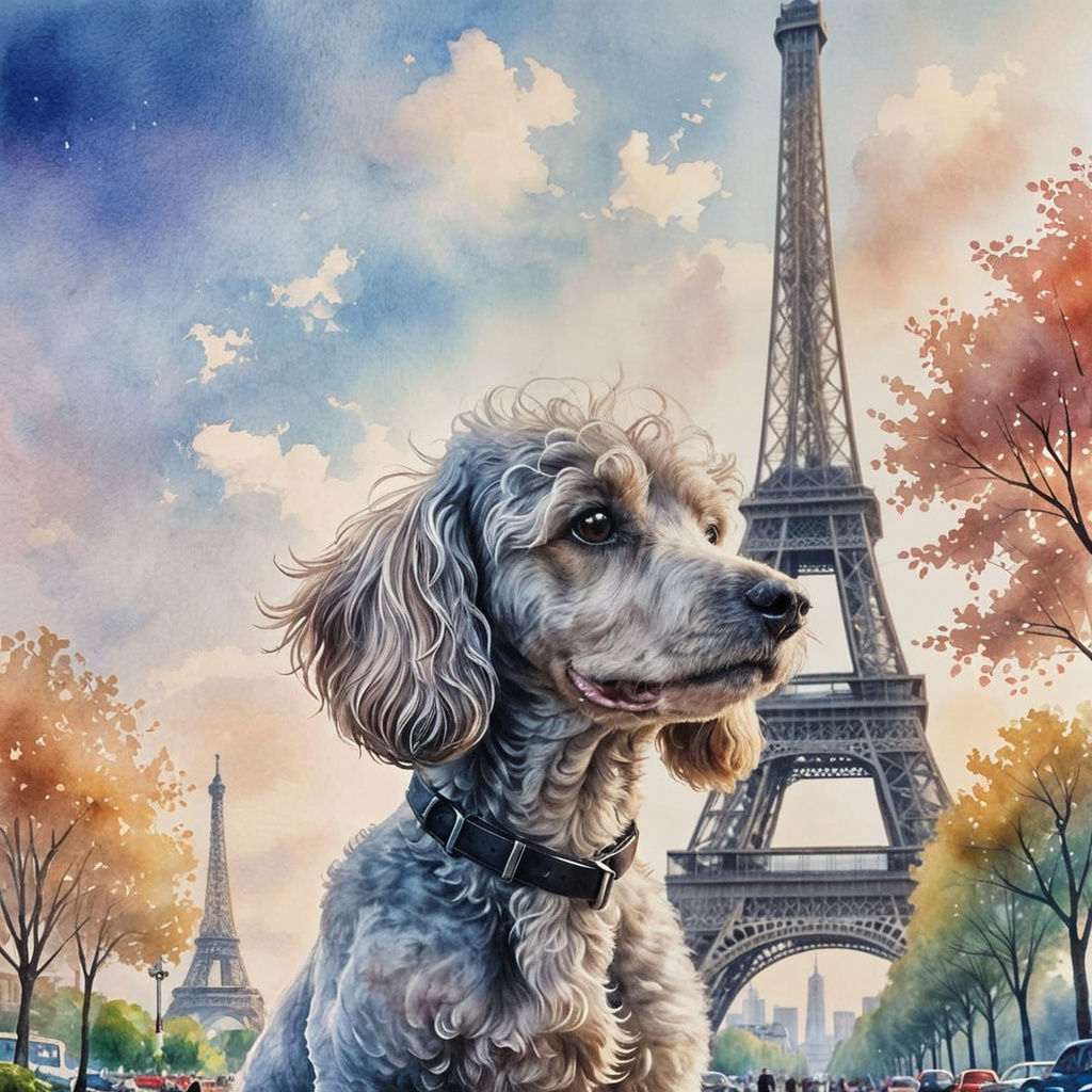 French Poodle Gazing at Eiffel Tower in Watercolor